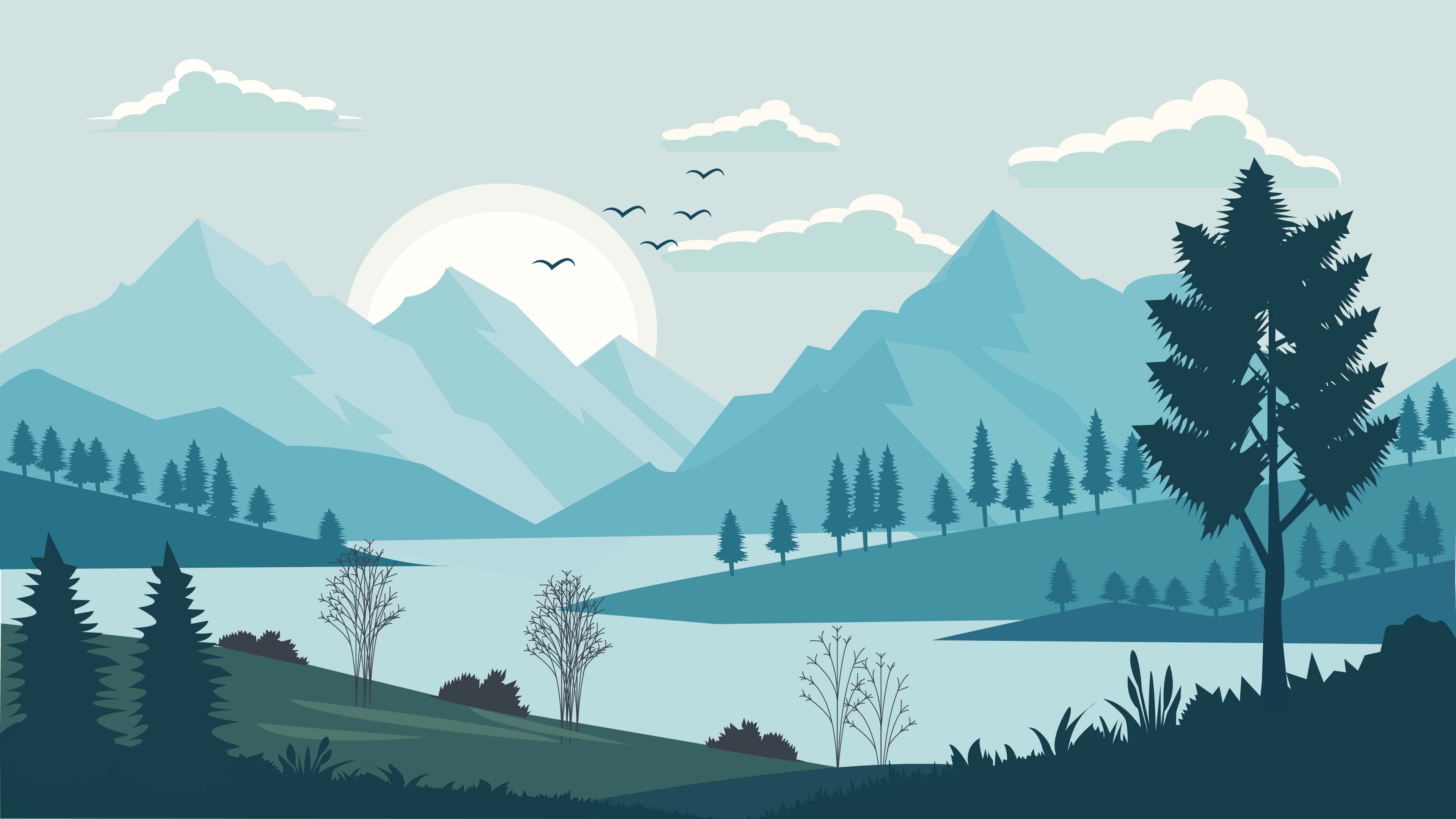 群山、湖泊与树林的插画